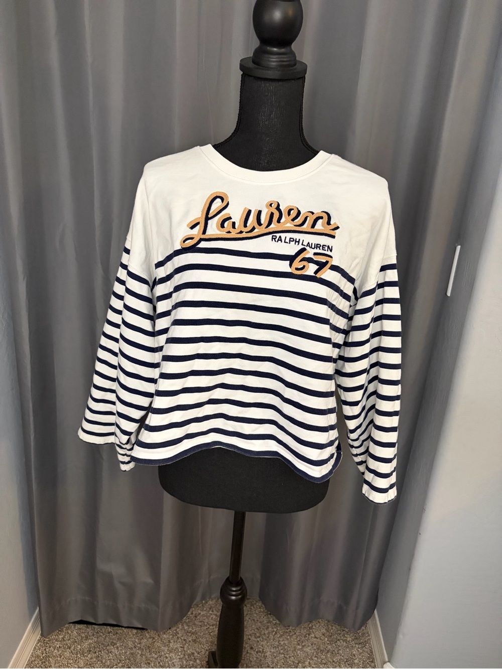 163. Ralph Lauren Lauren 67 Striped Long-Sleeve Tee in White and Navy, Size L